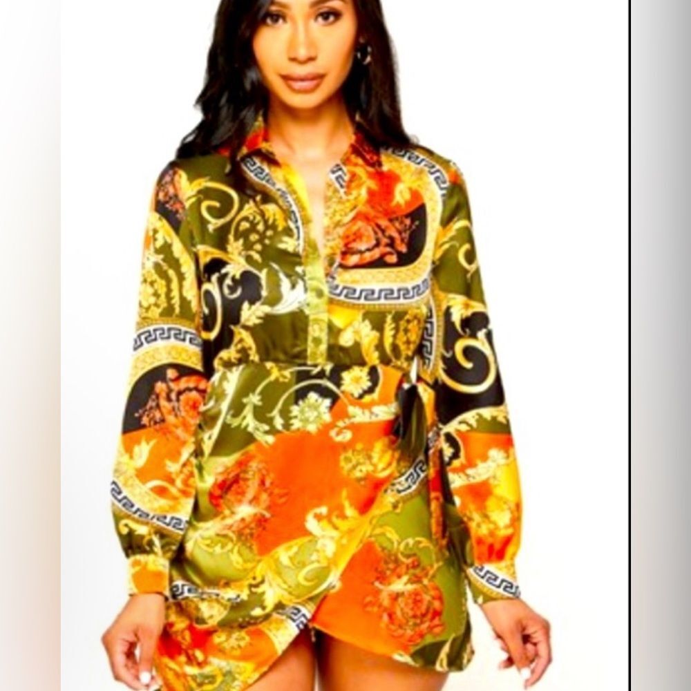 Cien Women’s faux Wrap long sleeve silky Button chest mini dress size Large EUC